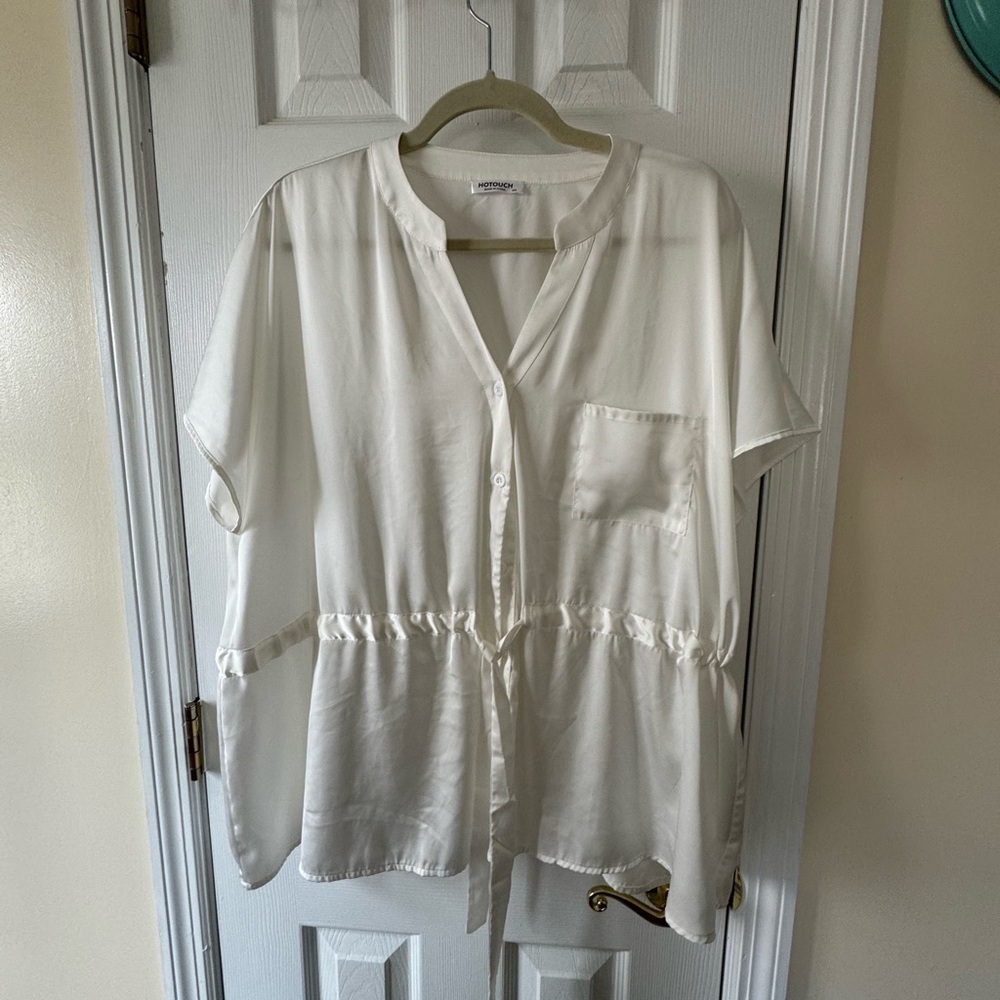 Cream Boxy Short Sleeve Blouse with Mandarin Collar - Picture 1 of 5